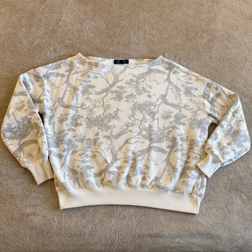 Vinyl Icons Women XS Cream Grey Tree Branch Print Fleece Sweatshirt Pullover